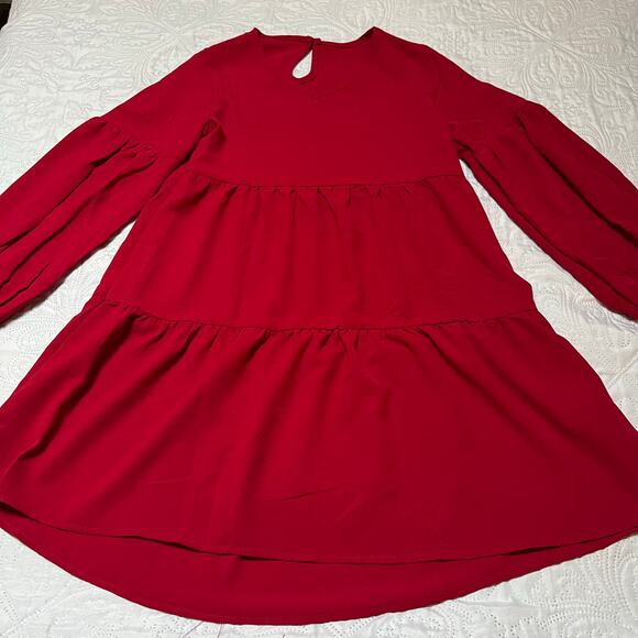 Tiered Long Sleeve Solid Red Dress - Picture 5 of 7